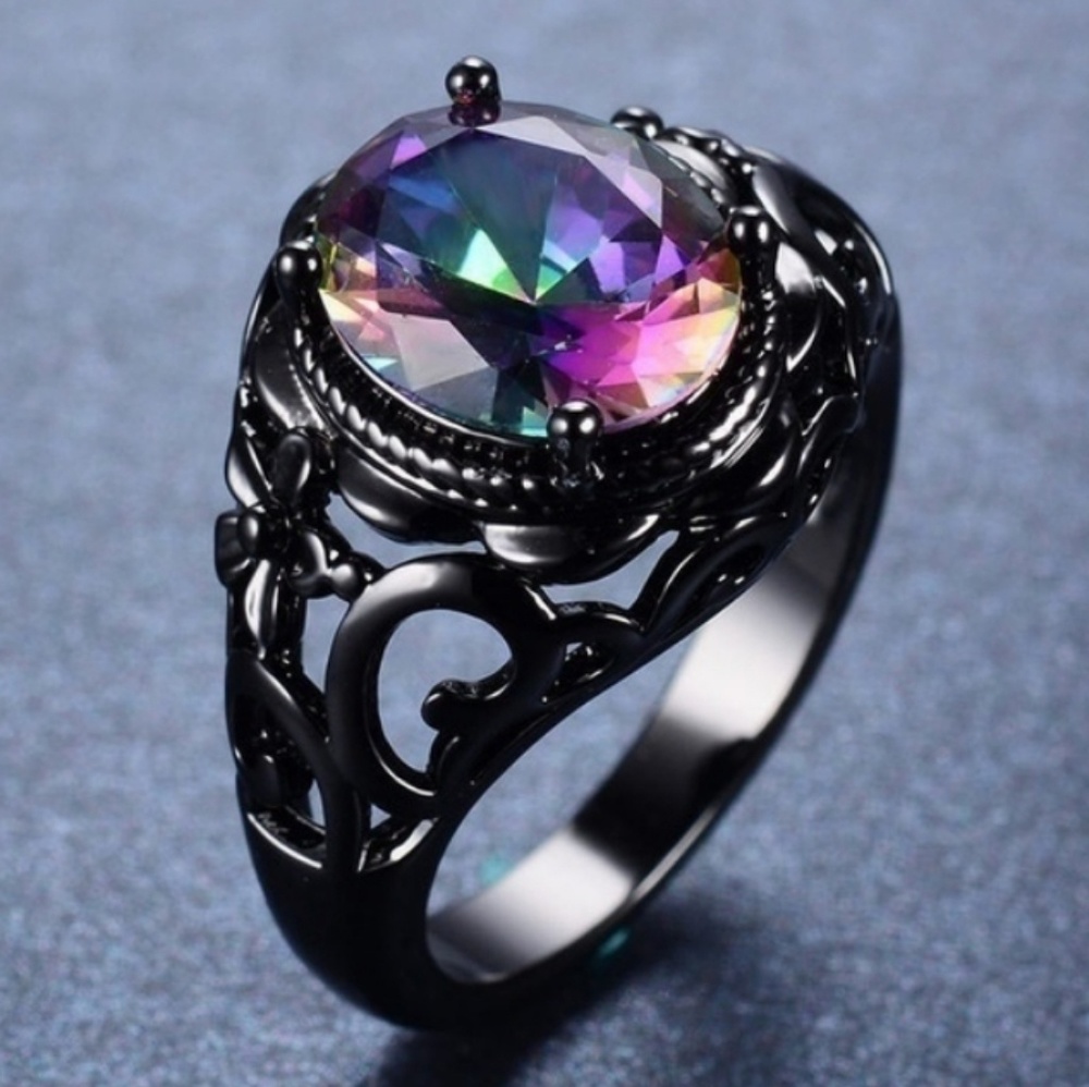 5.6CT Rainbow Topaz Sterling & Black Gold Ring